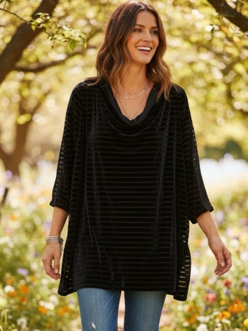 SOFT SURROUNDINGS Meri Velvet Burnout Tunic Size 2X Cowl Neck Black Stretchy Top